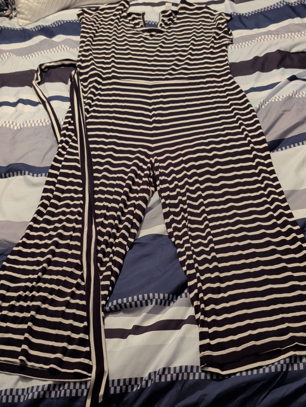 Old Navy Black and White Striped Wide-Leg Jumpsuit with Waist Tie